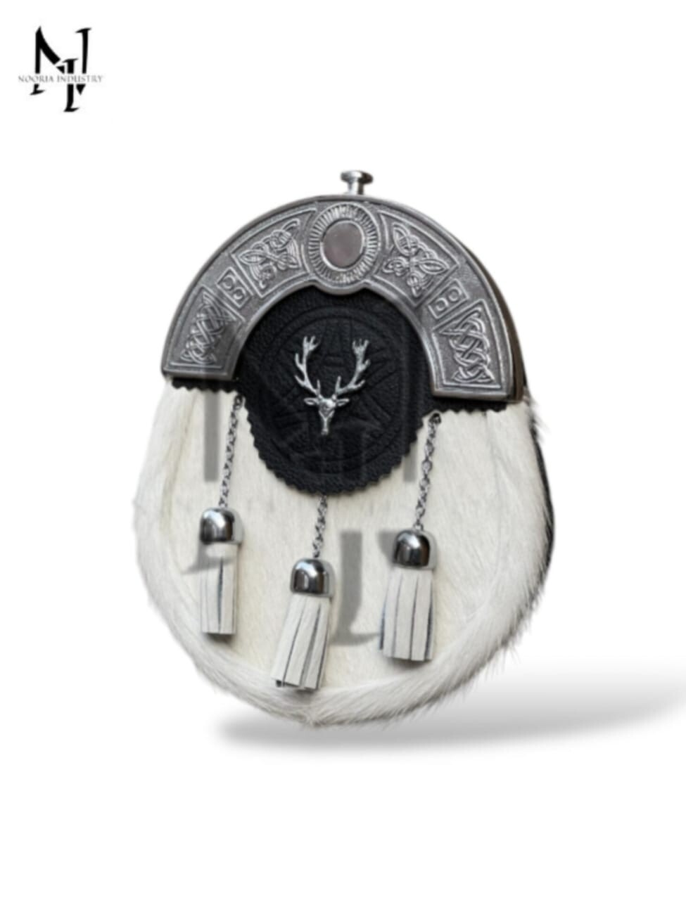 Scottish White Kilt Sporran Stag Head Badge Chrome Celtic 3 Tassels Kilt Sporran
