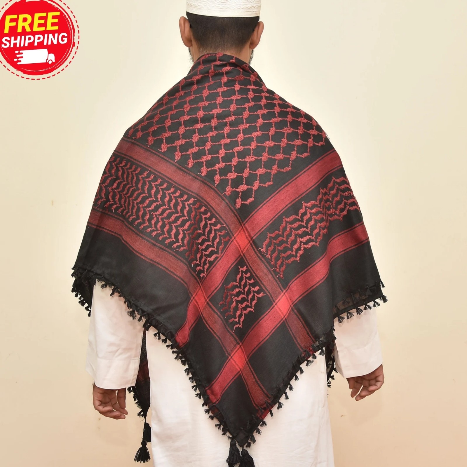 Palestine Keffiyeh Scarf Red Black Cotton Arab Shemagh Tassel 48×48