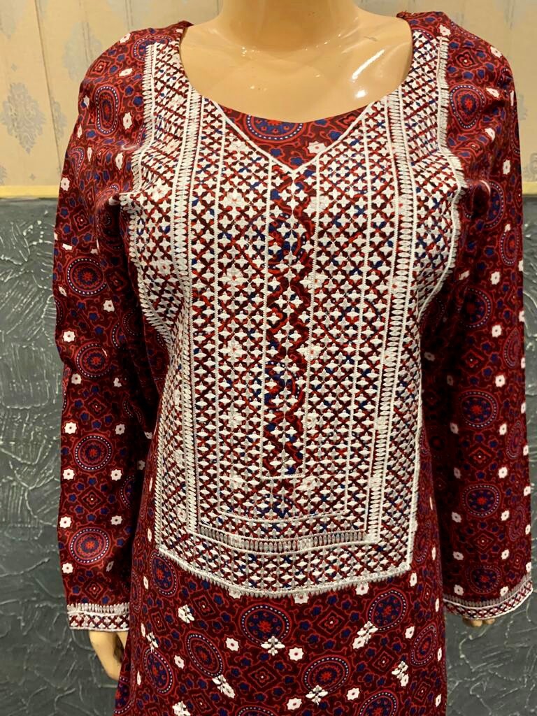 Pakistani Maroon Ajrak Printed Straight Shirt 3-PCS Lawn Dress, Threadwork,L#1