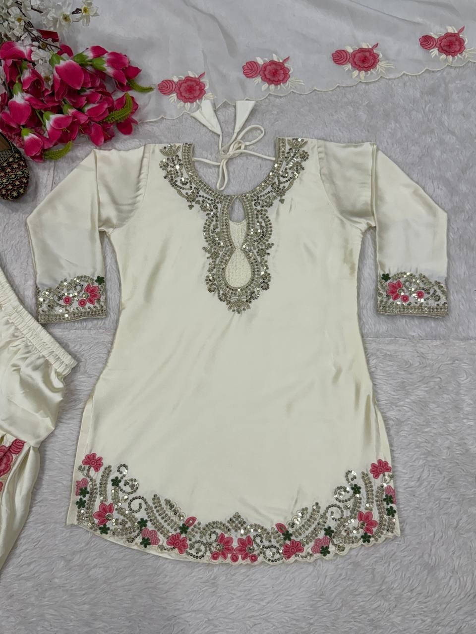 Heavy Japan Satin White Top Bottom With Dupatta For Function & Party Wear