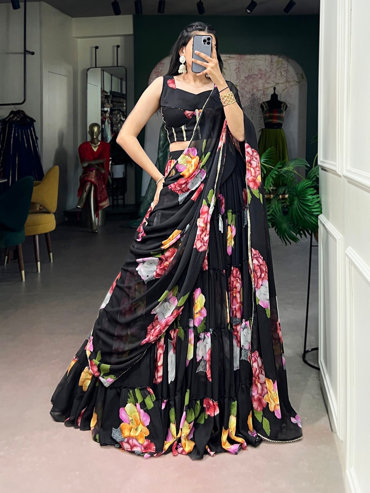 Elegant Floral Print Chiffon Lehenga Choli With Dupatta For Party Wear