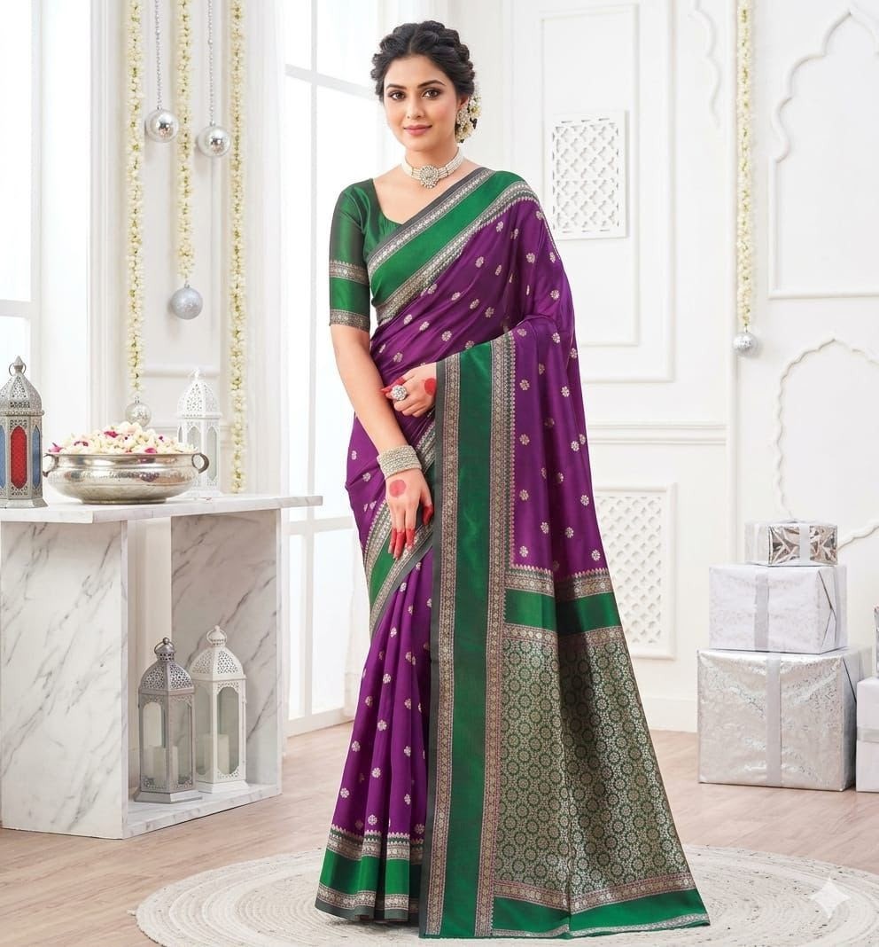 Banarasi Soft Lichi Silk Saree Rich Pallu Jacquard Work Exclusive Border Blouse