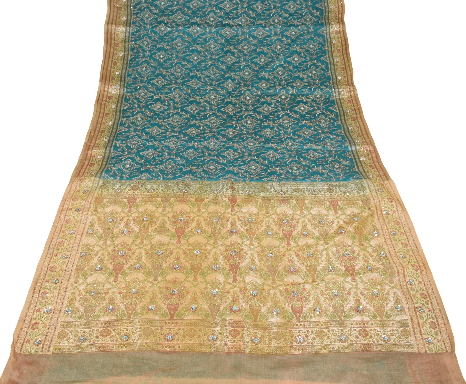 Sushila Vintage Teal Blue Saree Pure Tussar Silk Embroidered Zari Woven Sari Fab
