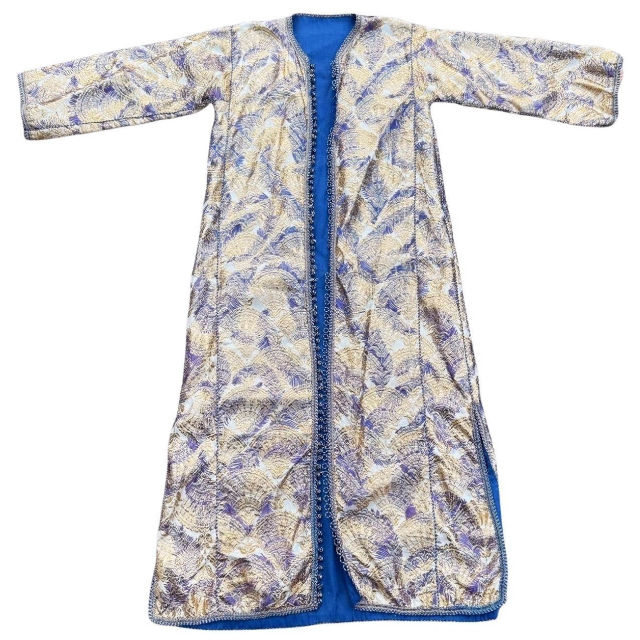 Vintage Embroidered Open Front Long Sleeve Kimono Abaya Kaftan Robe Purple Gold
