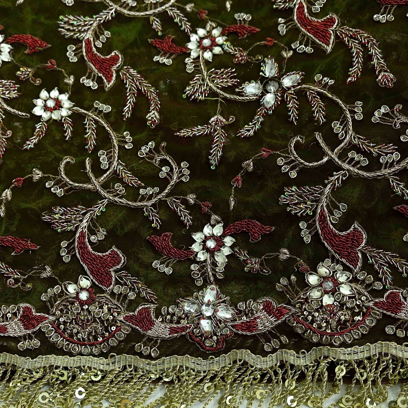 Vintage Heavy Green & Maroon Dupatta Net Mesh Long Stole Hand Embroidered Veil