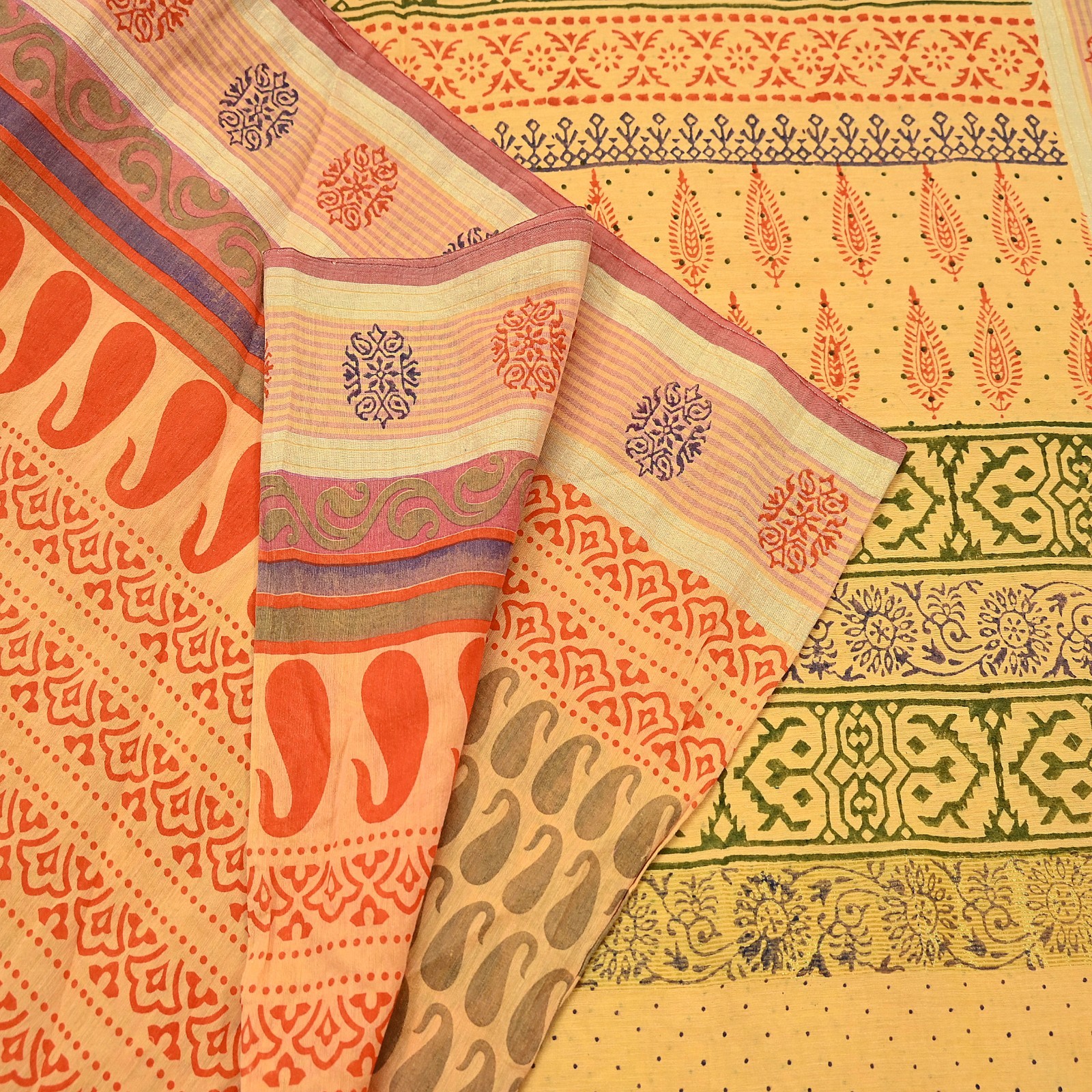 Indian Vintage Yellow Block Printed Pure Chanderi Silk Saree Floral Zari Fabric