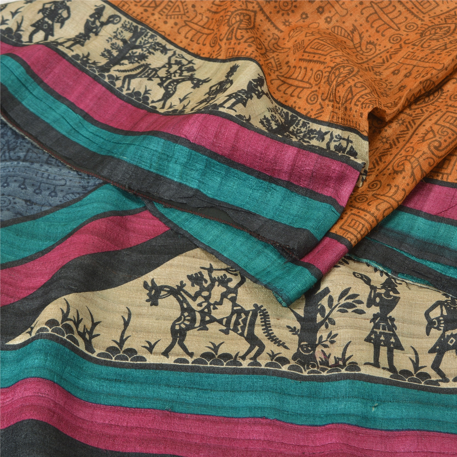 Sanskriti Vintage Indian Sarees Pure Handloom Silk Printed Warli Art Fabric Sari
