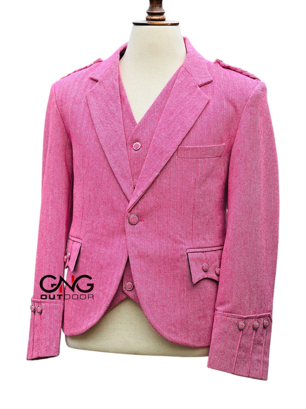 Men’s Scottish Pink Tweed Argyle Style Jacket with 5 Button Vest Size 34′ to 54″