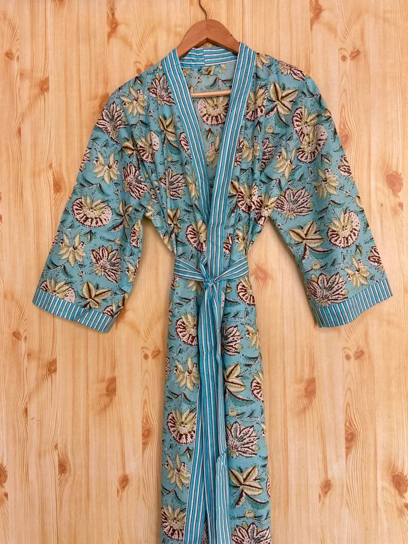 Indian Cotton Kimono Robe Printed Blockprint Beach Wear Night Long Dress Stylish