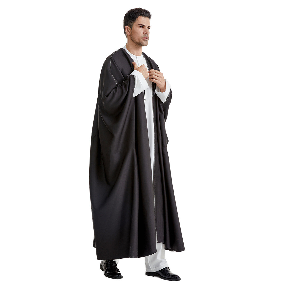 Saudi Arab Men Solid Color Open Kimono Batwing Robe Muslim Abaya Ramadan Prayer