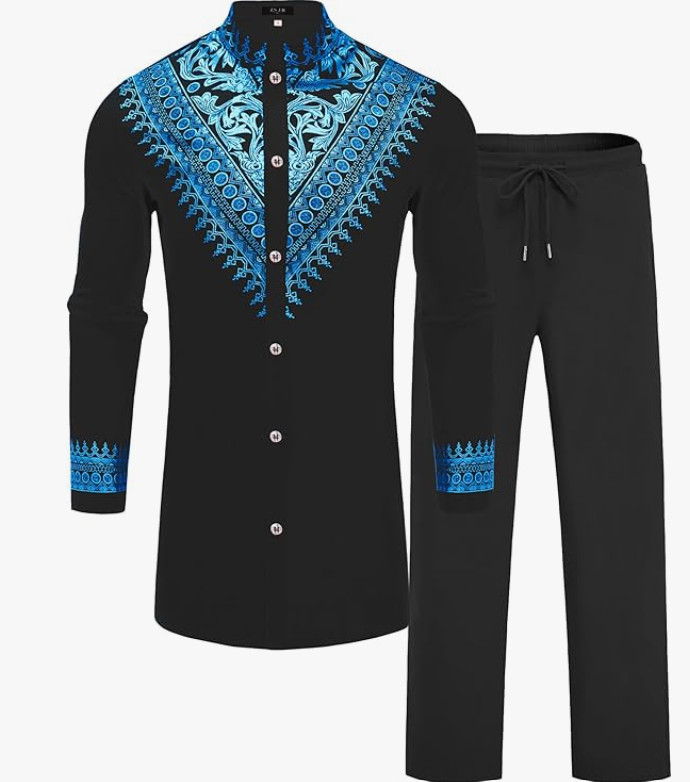 Mens Long African 2 Piece Set Nigerian Dashiki Metallic Traditional Suit