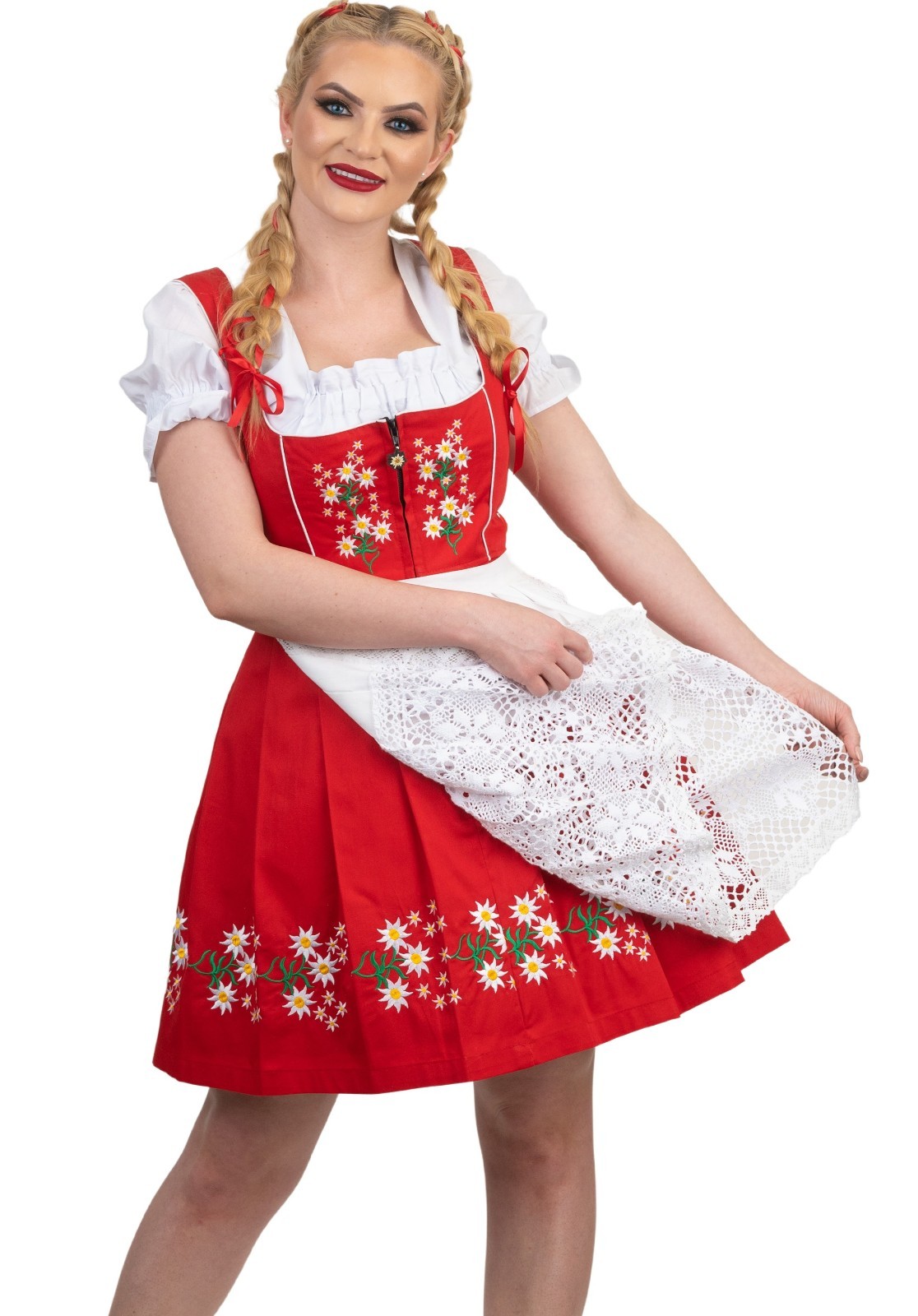 L 16 German COTTON Dirndl Dress SET / EMBROIDERED Oktoberfest Short Red Waitress