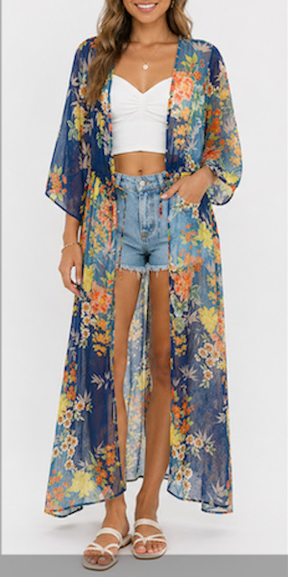 Floral Chiffon Maxi Cover Up Sheer Kimono Beach Boho