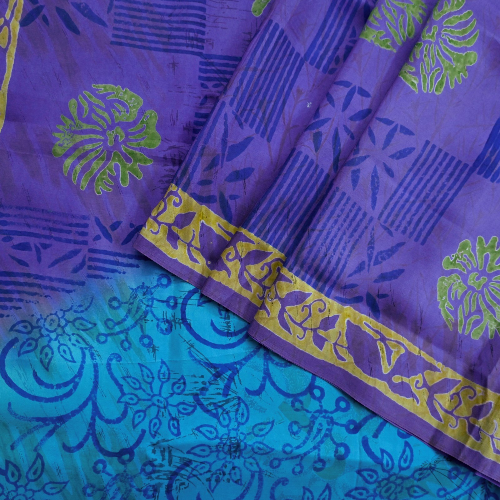 Vintage Sari Purple & Blue Pure Silk Printed Saree 6yd Sewing Craft Fabric Soft