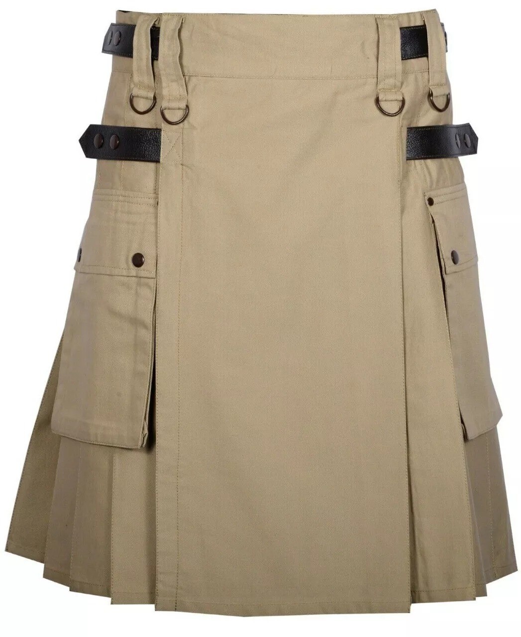 Khaki Utility Kilt for Men with Pockets and Straps – Gothic Tactical Style