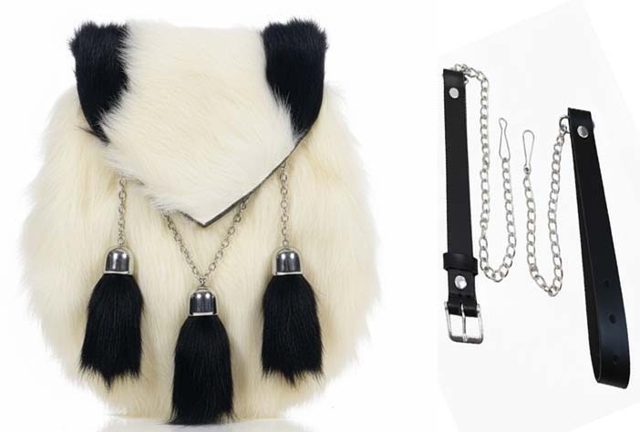 Scottish Full Dress White Rabbit Fur Sporran Black Tips Silver Chain