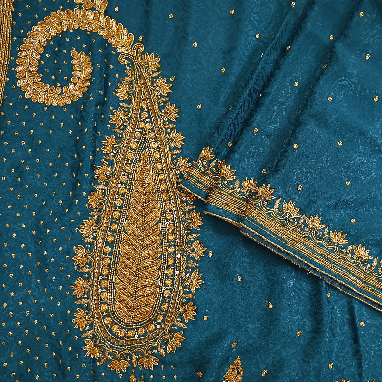 Indian Vintage Heavy Sari Teal Blue Pure Crepe Silk Hand Embroidered Sarees 6yd