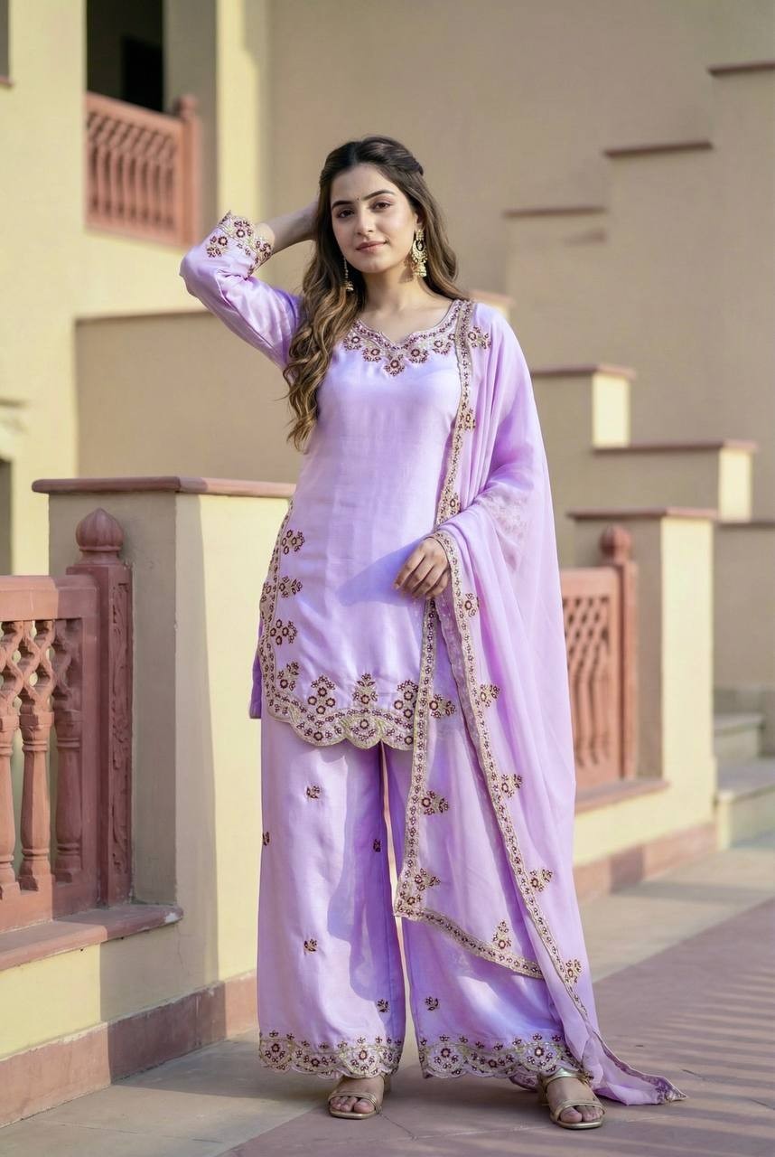 New Heavy Roman Glass Lavender Kurta Palazzo With Dupatta For Party Wear