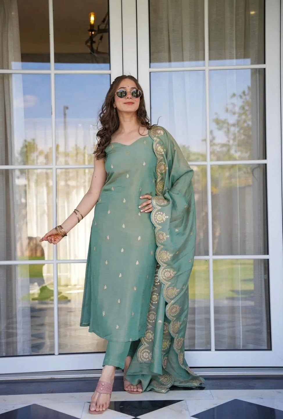Women’s Viscose Zari Chanderi Fabric Straight Printed Kurta,Pant and Dupatta Set