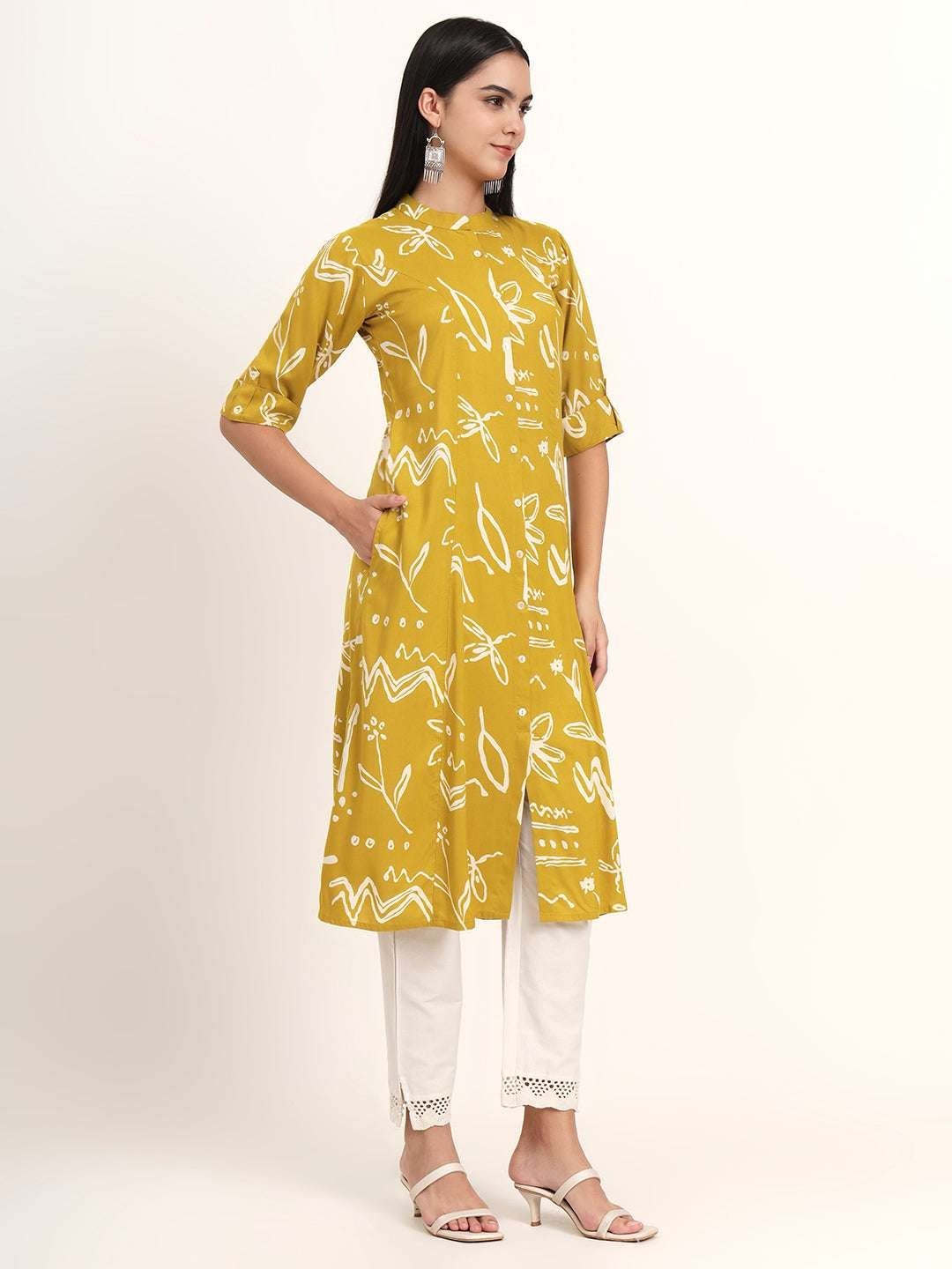 Oversized Mustard Side Slits Abstract Rayon A-Line Kurta Women Ethnic Indian