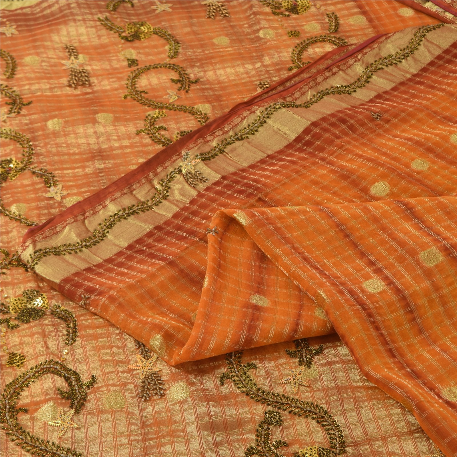 Sanskriti Vintage Orange Saree Pure Georgette Hand Beaded Craft 5Yd Fabric Sari