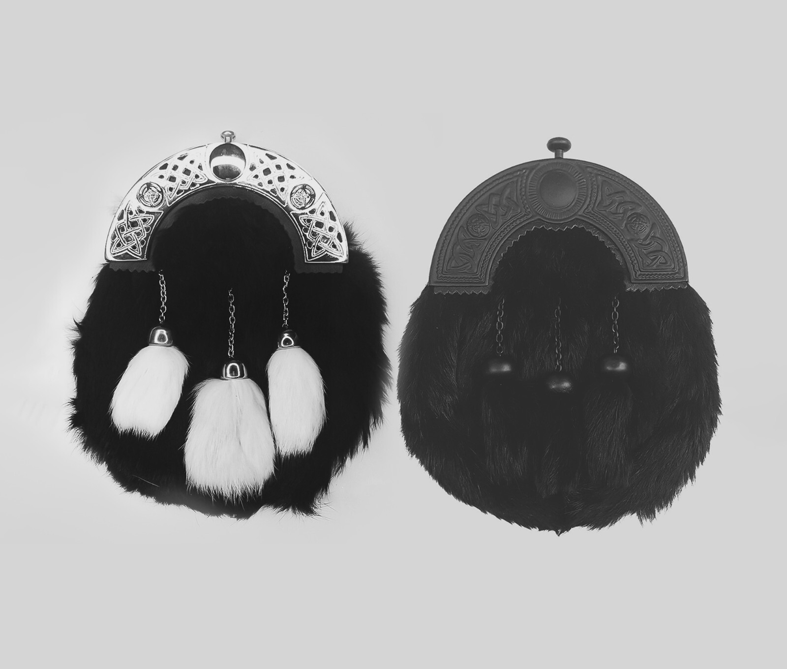 Natural Black Rabbit Fur Scottish Kilt Sporran | Black and White Chroom Cantle