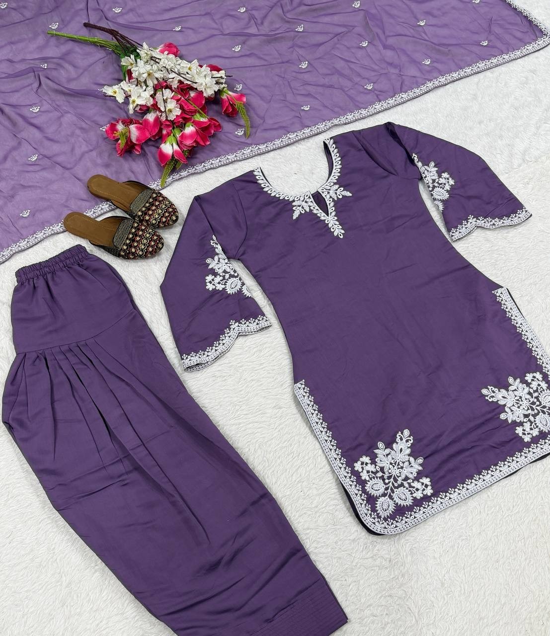 Latest New Roman Cotton Purple Farshi Salwar Kameez With Dupatta For Party Wear