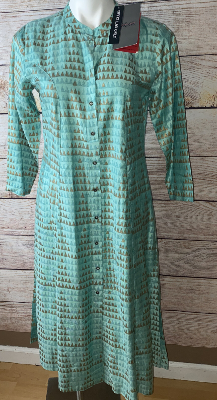 Zuba MIDI Viscose/Silk Kurta Dress Sz M Green Gold Metallic Print Button Down