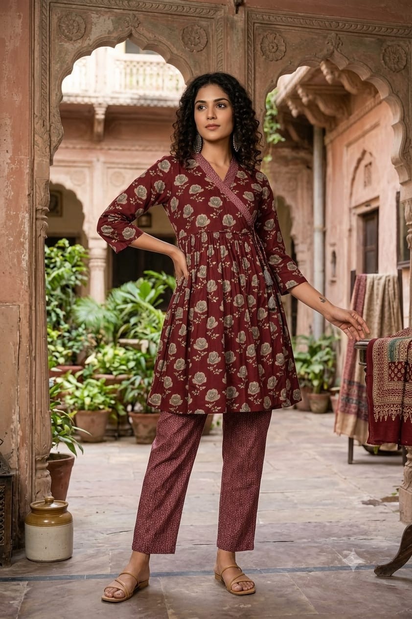 Women’s Maroon Rayon Angrakha Co Ord Set Kurti Pant Indian Ethnic Outfit Plus