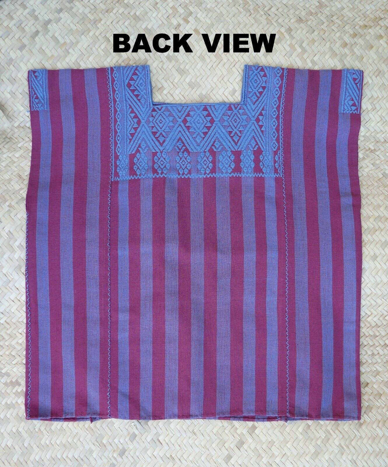 Huipil Top Mayan Blue & Plum Stripe Handwoven Backstrap Loom Chiapas Mexico