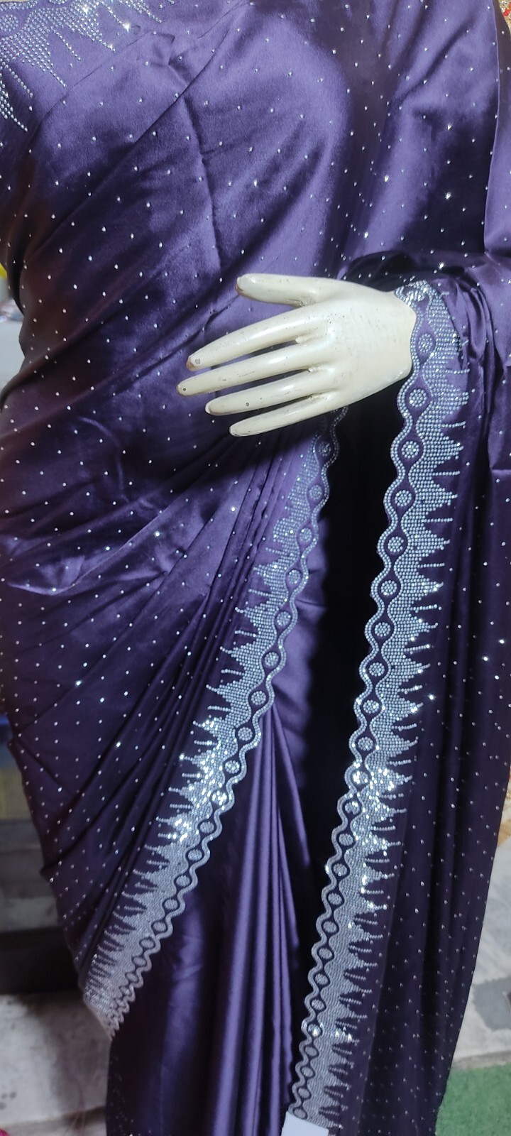 Dark purple satin saree designer saree with all-over crystal stone work,crystal