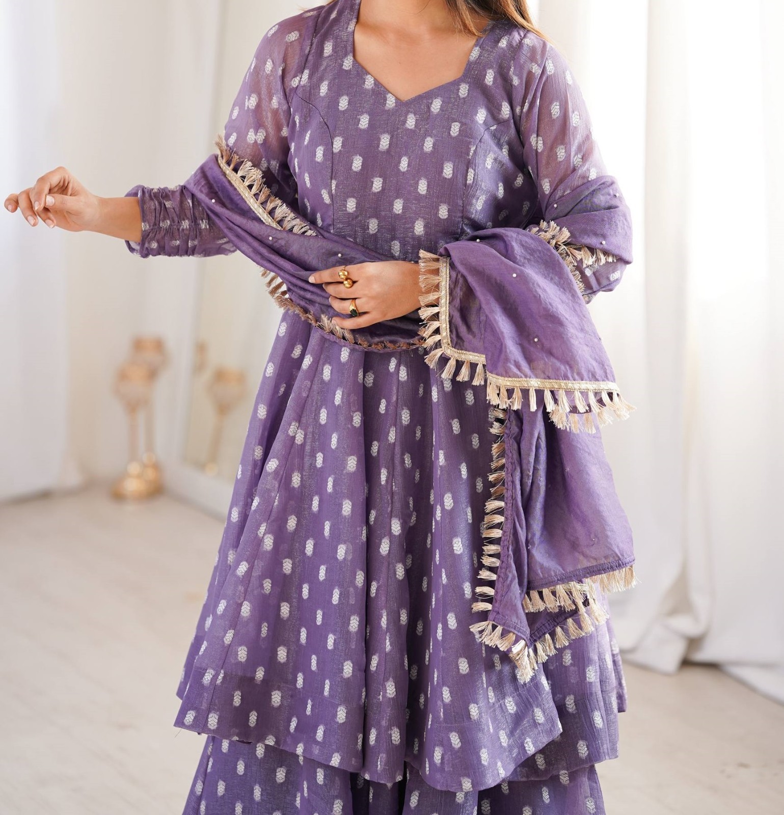 Latest Heavy Crunchy Silk Purple Top Palazzo With Dupatta For Ethnic Wear