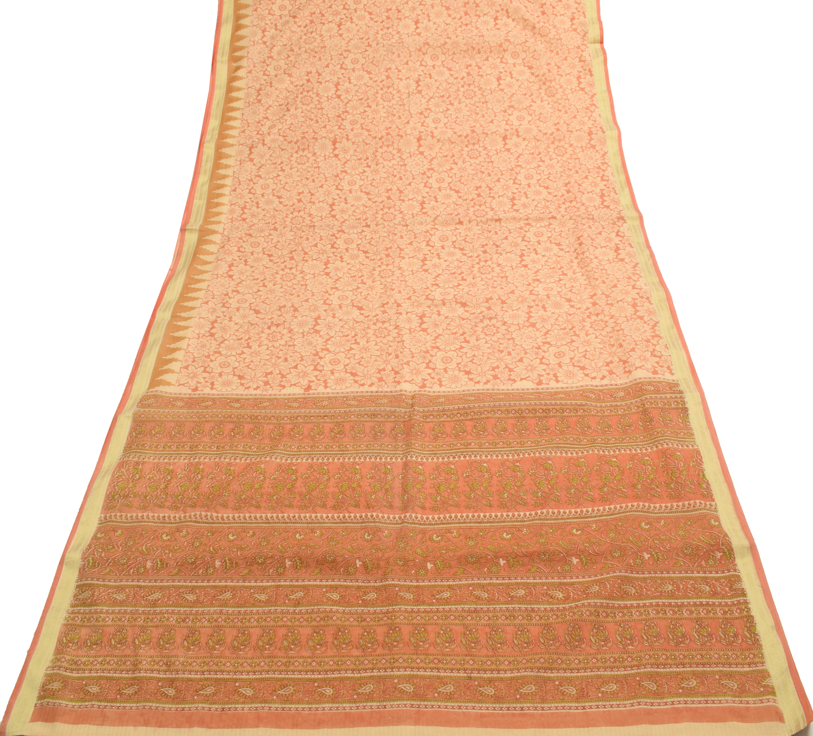 Sushila Vintage Peach Floral Indian Saree Blend Cotton Printed 5 YD Craft Fabric
