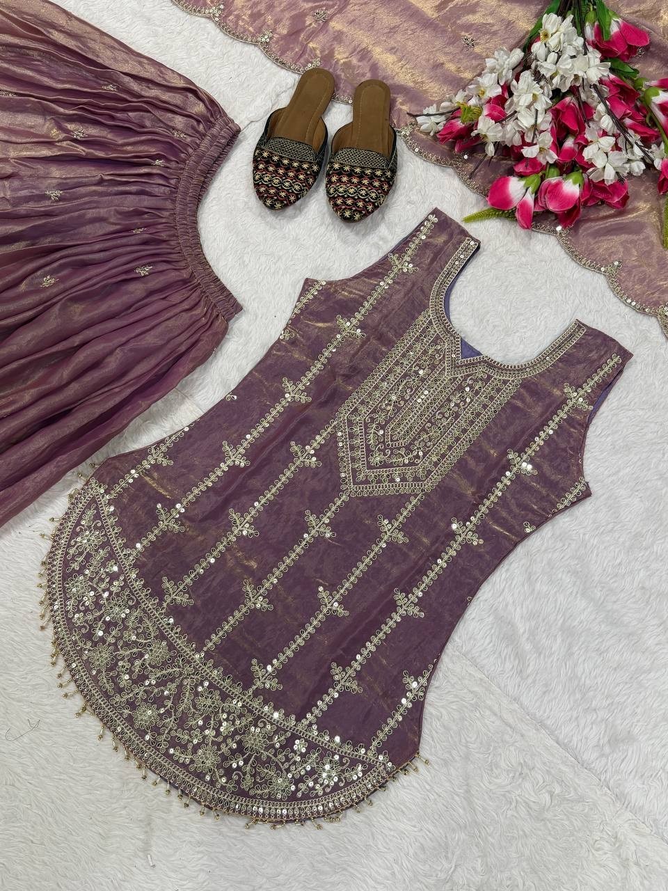 Attractive Look Heavy Silk Lavender Top Palazzo With Dupatta For Reception Wear