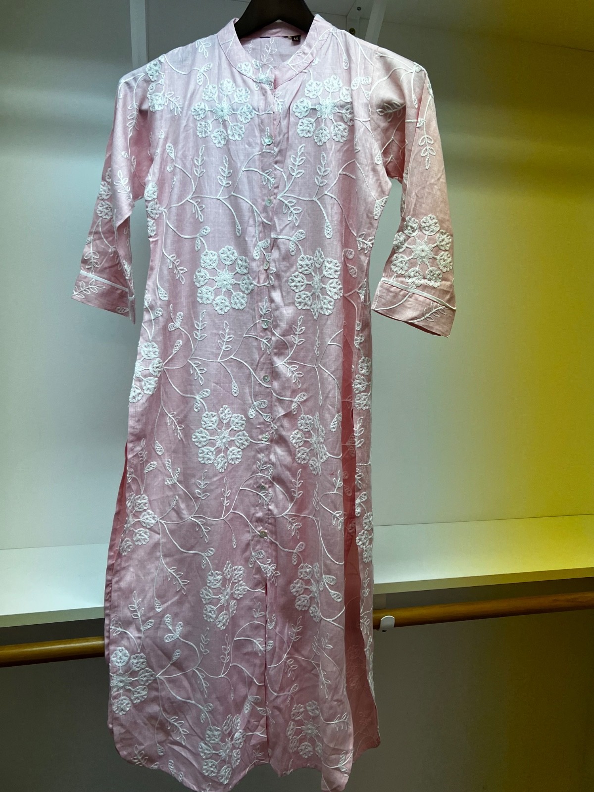 Pink cotton top/kurta with white embroidery on front and back collar neck