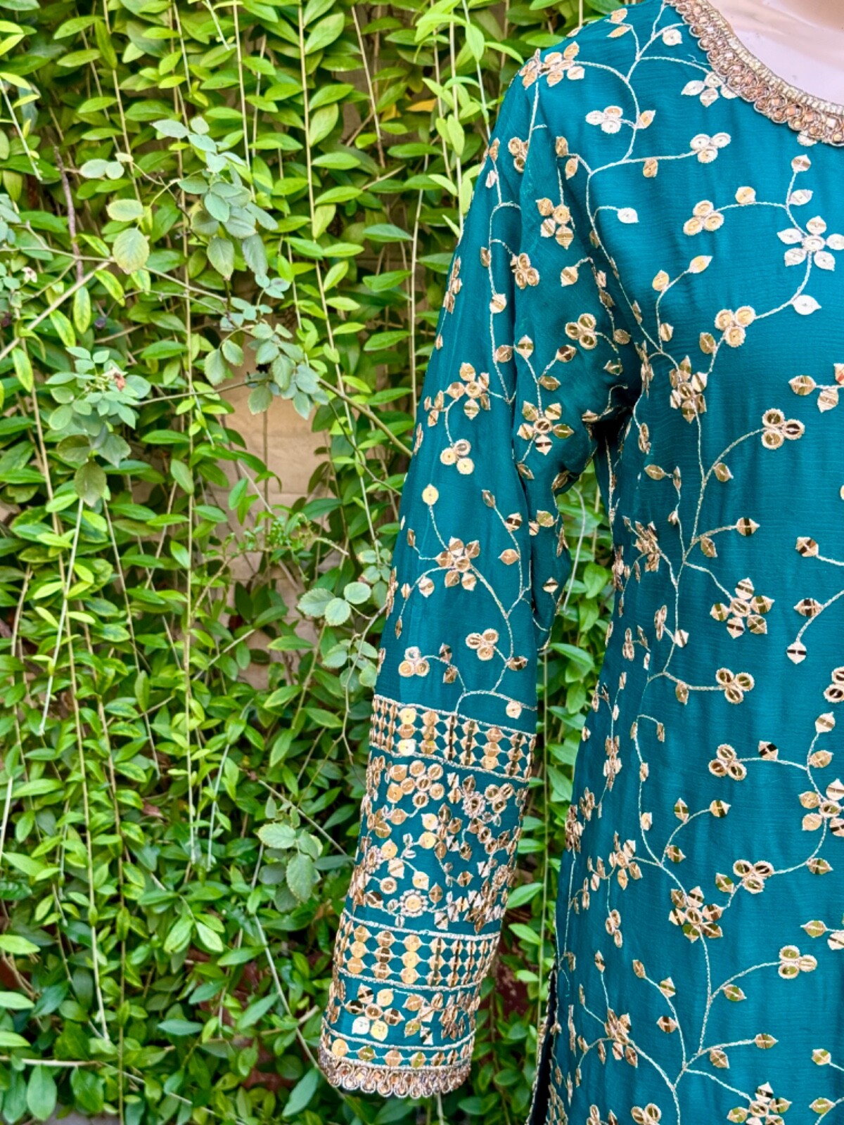 Pakistani Teal Straight Style Embroidered Sequins Chiffon Gharara Dress,L