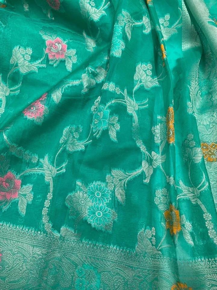 Parrot Green Floral Faux Organza Saree sari wedding party wear For Women