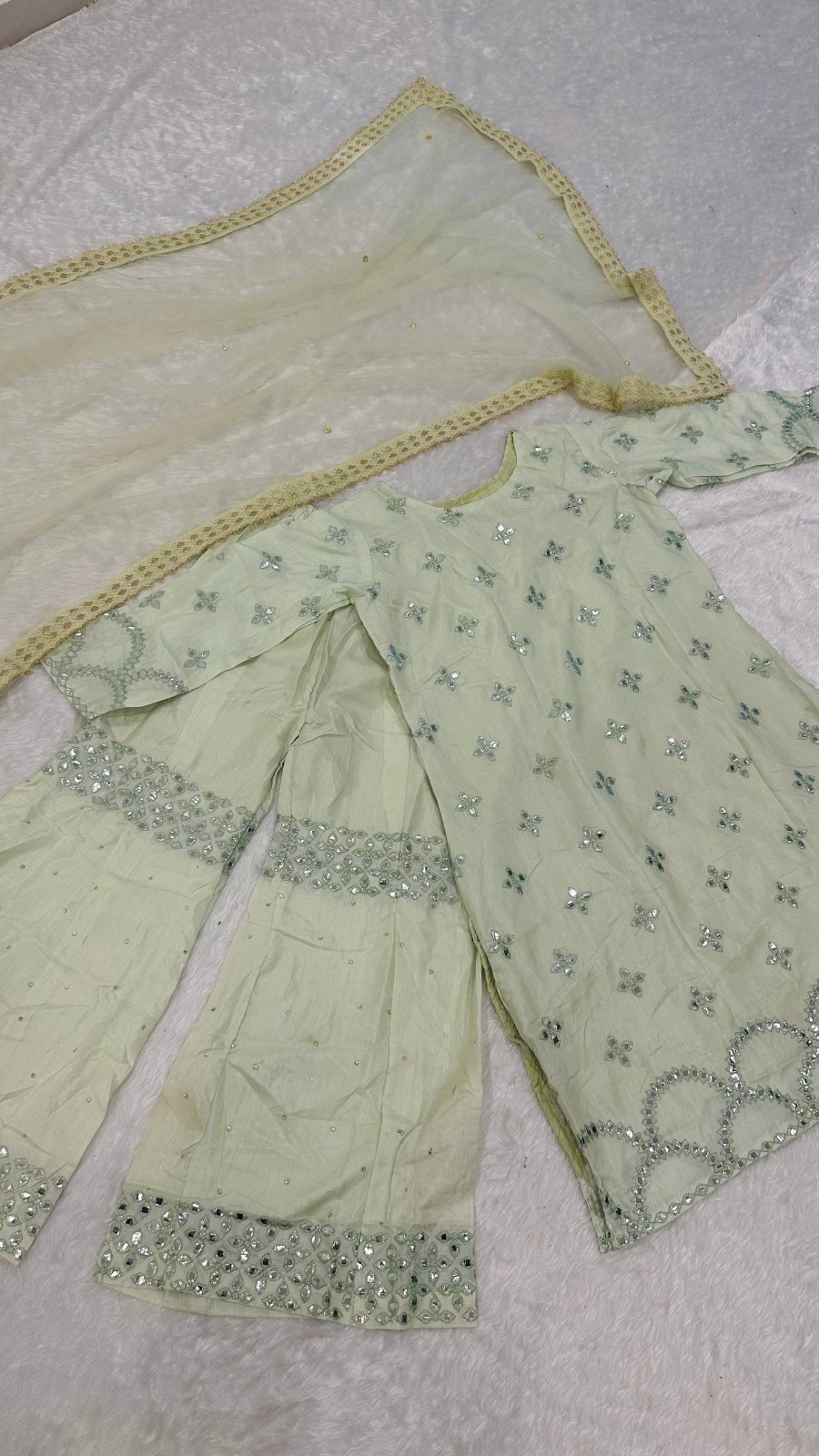 Beautiful Look Nylon Silk Beige Palazzo Suit With Dupatta For Women Party