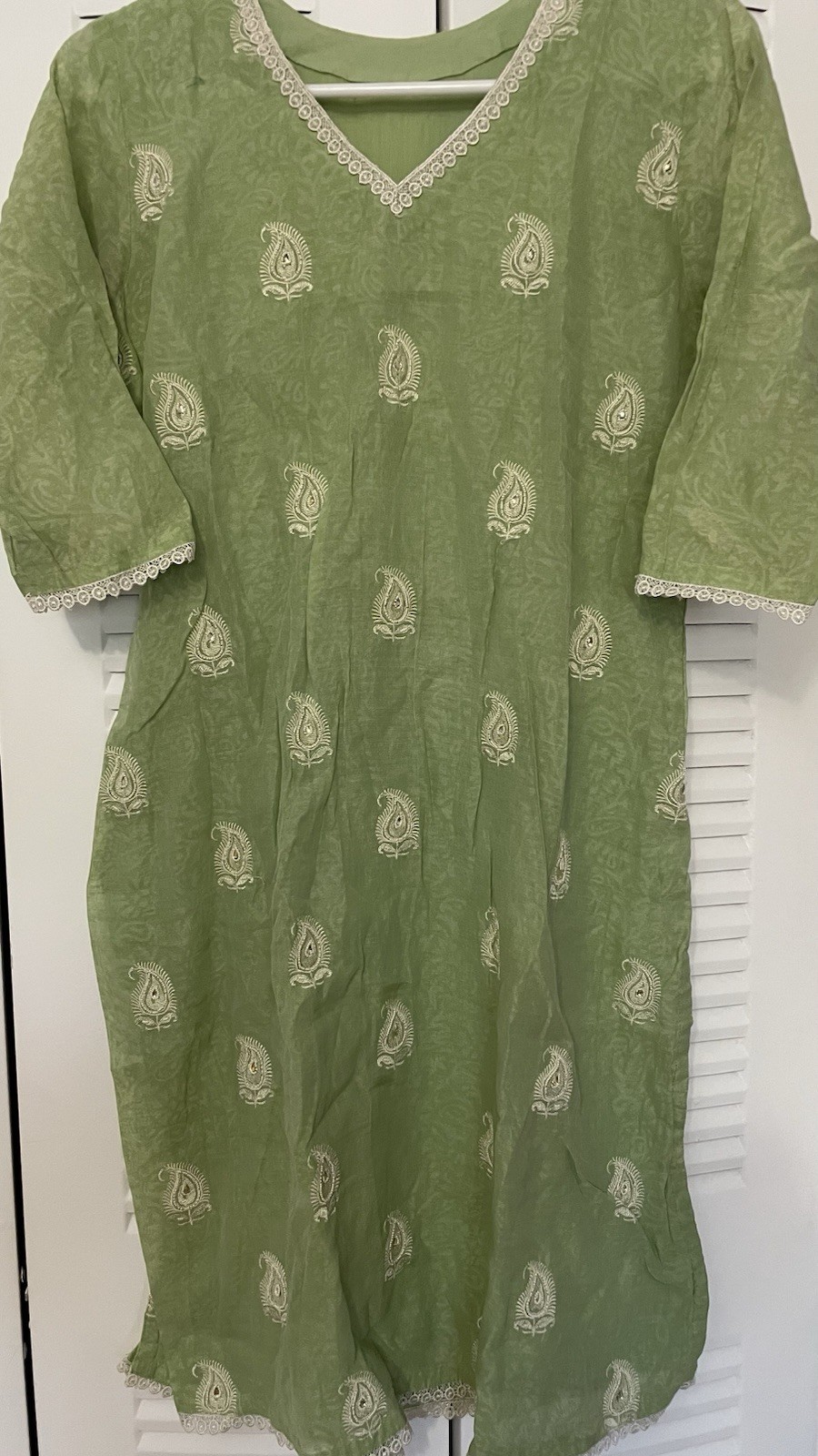 Elegant Sage Green Kurta With White Pearl Motif