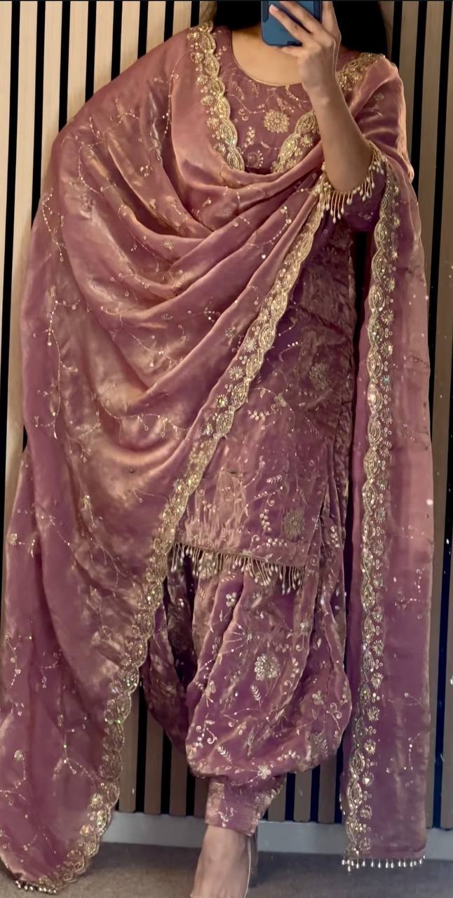 Bollywood Style Silk Pink Top Dhoti With Dupatta For Indian Party Wear