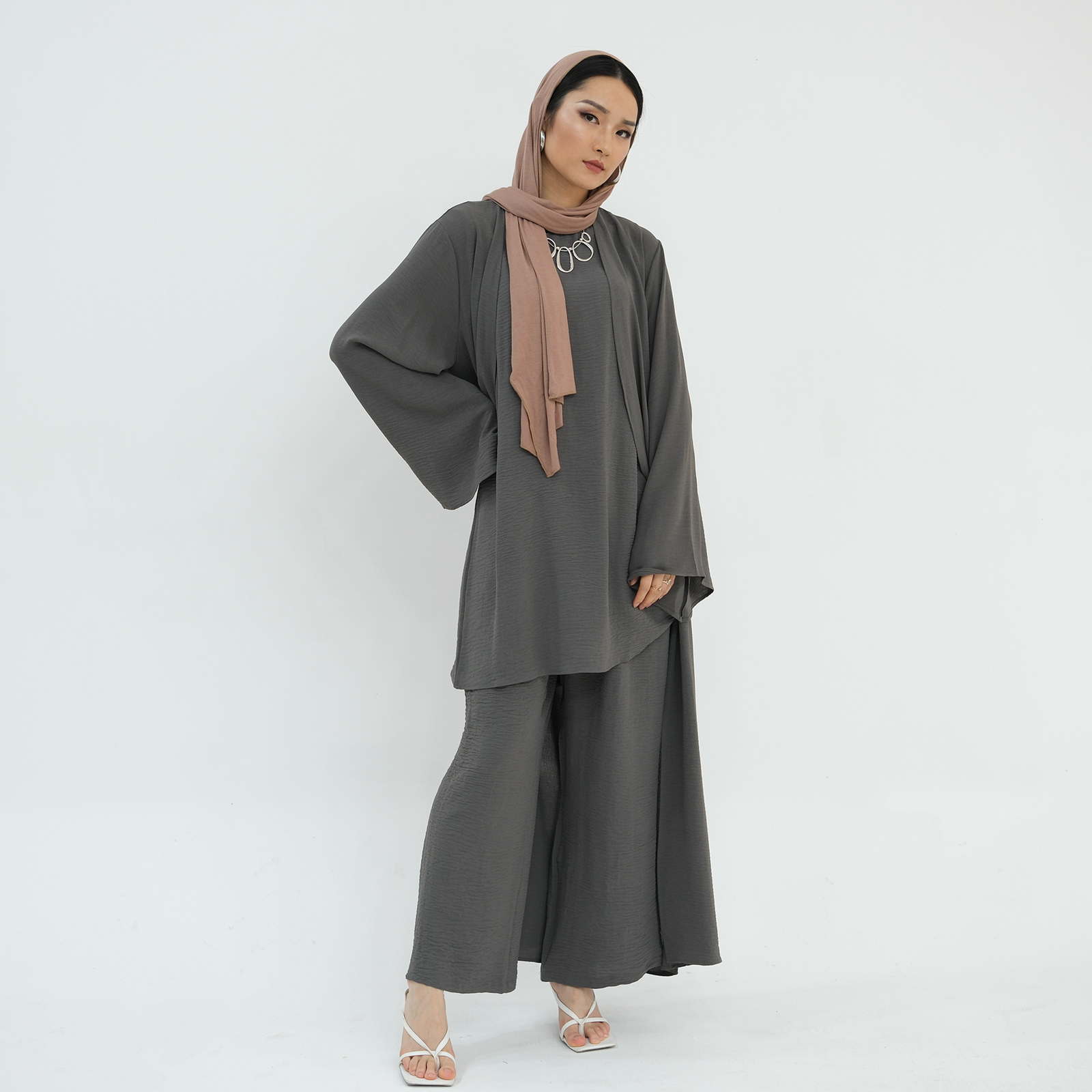 Muslim Women 3pcs Set Open Kimono Vest Pants Kaftan Dress Dubai Abaya Outfits