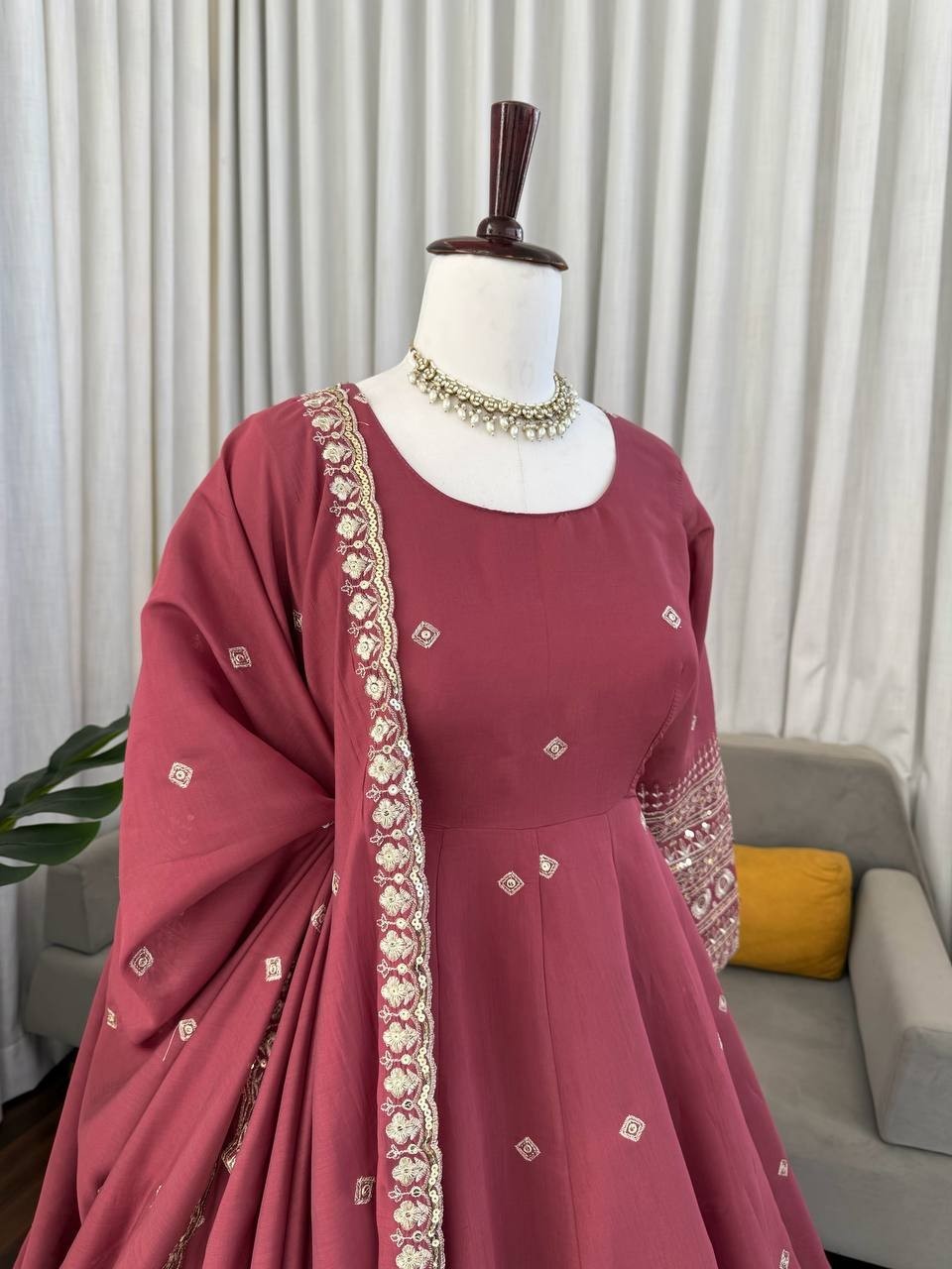 Latest Mul Chanderi Silk Maroon Gown Bottom With Dupatta For Festive Wear