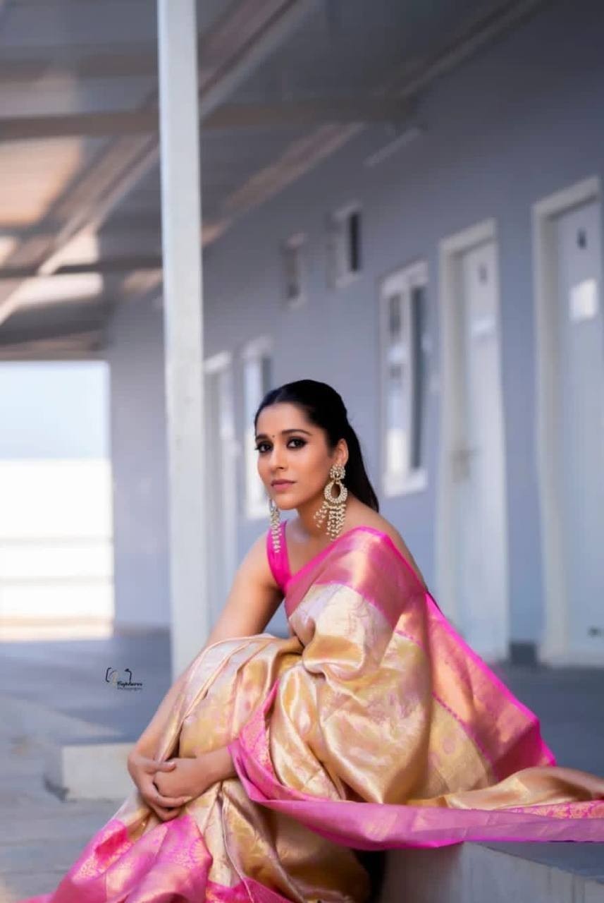 Wedding Wear Golden Beige Pink Lichi Silk Saree Jacquard Weaving Indian Ethnic