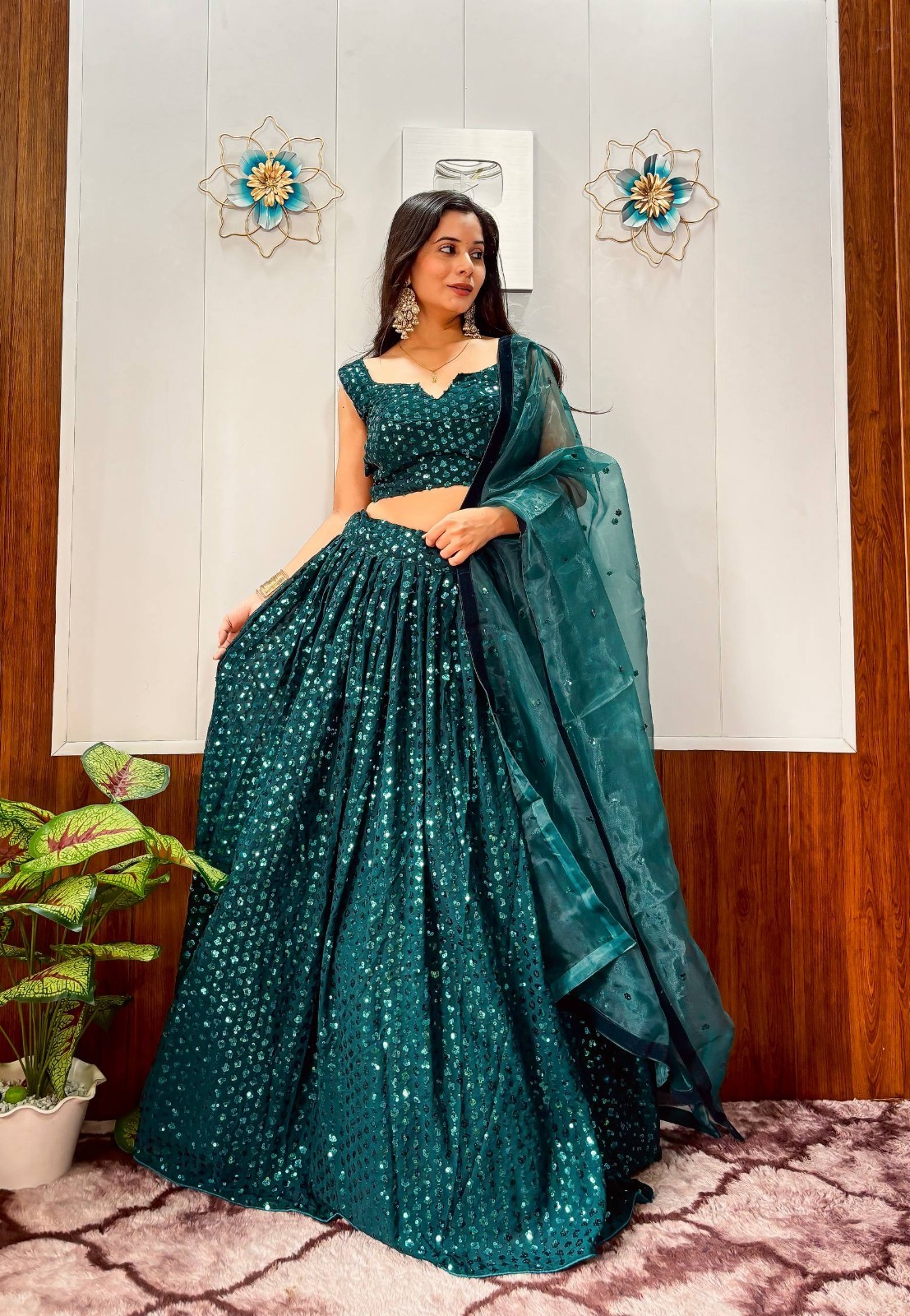 Bollywood Style Teal Green Georgette Lehenga Choli With Dupatta For Wedding