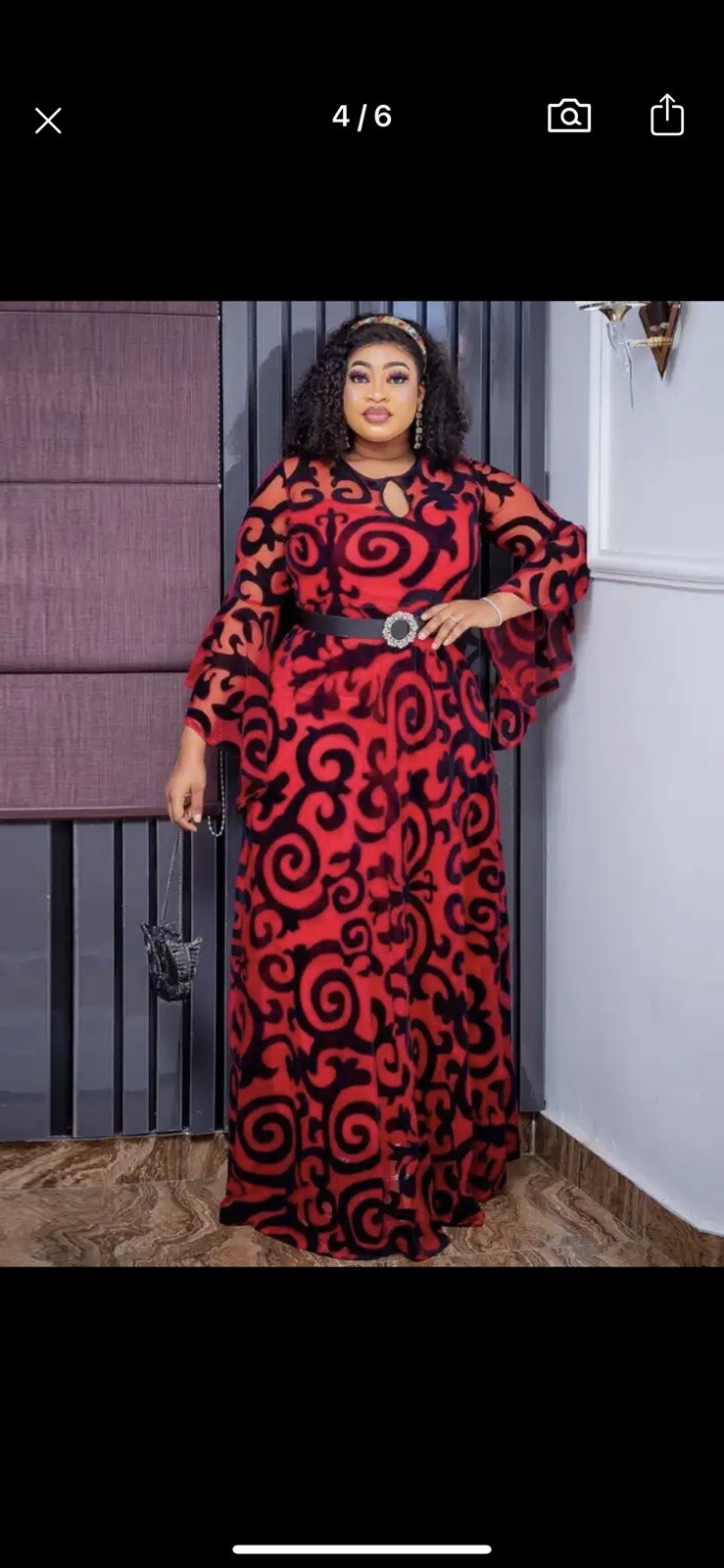 african Elegant Dress Size Large With Belt . Dress Mesh Red Fabric Wit Black Ve