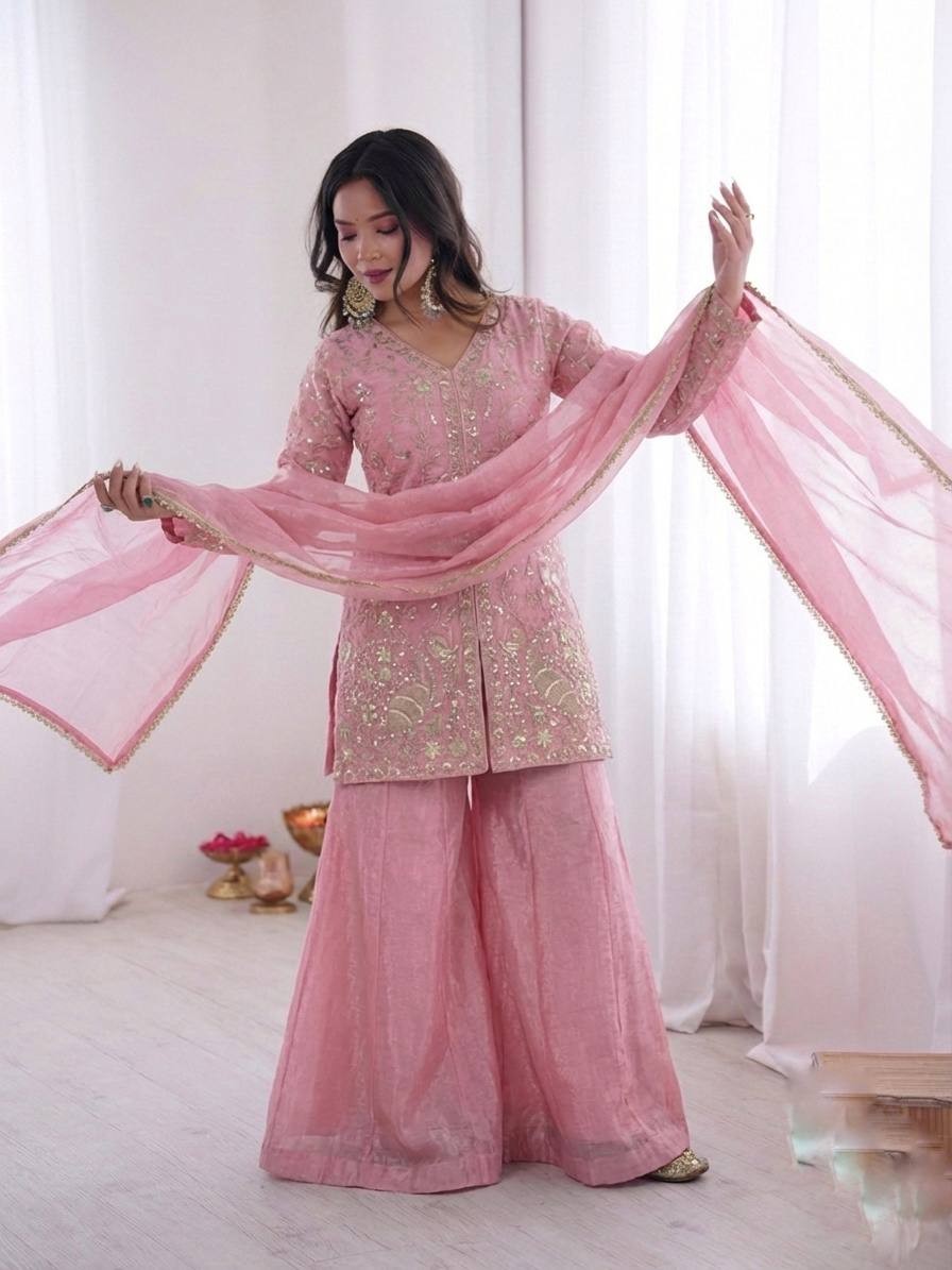 New Designer Pure Silk Light Pink Top Palazzo With Dupatta For Festival Wear