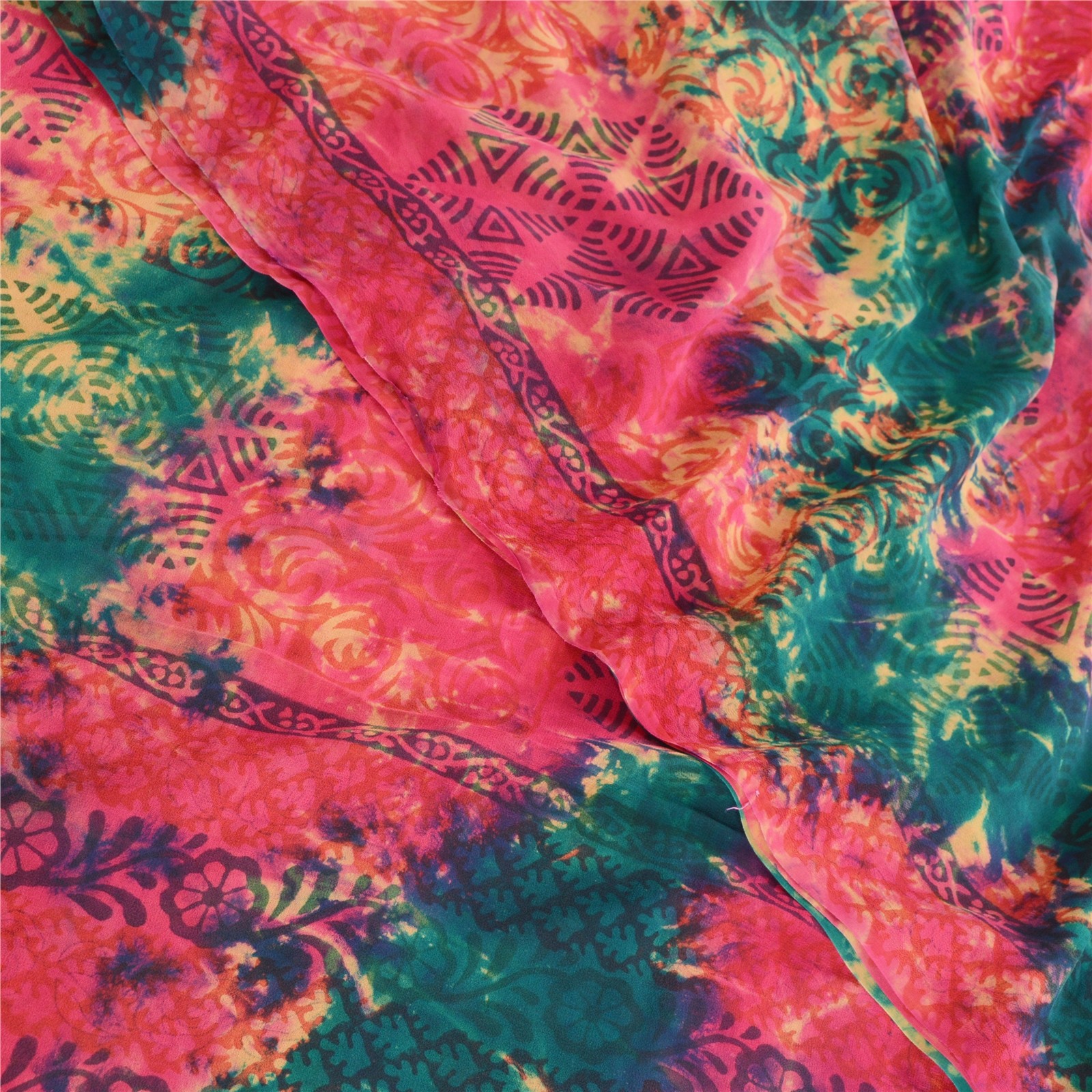 Sanskriti Vintage Tie-Dye Hot Pink Sarees Pure Georgette Silk Sari Craft Fabric