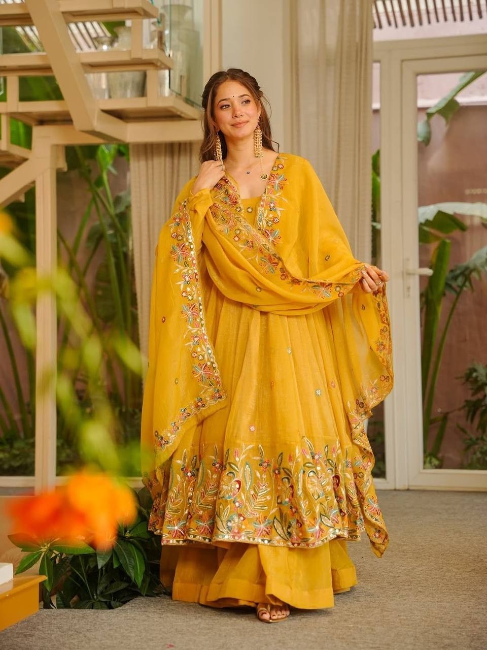 Traditional Wear Yellow Crunchy Silk Kurta Palazzo With Dupatta For Women