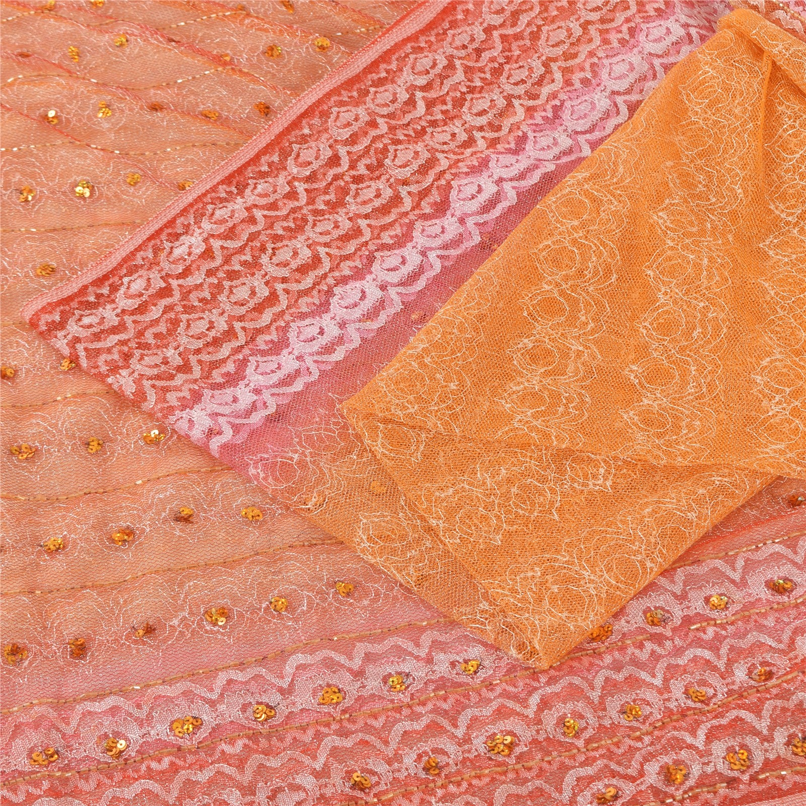 Sanskriti Vintage Peach Sarees Net Mesh Hand Beaded Woven Fabric Craft 5Yrd Sari