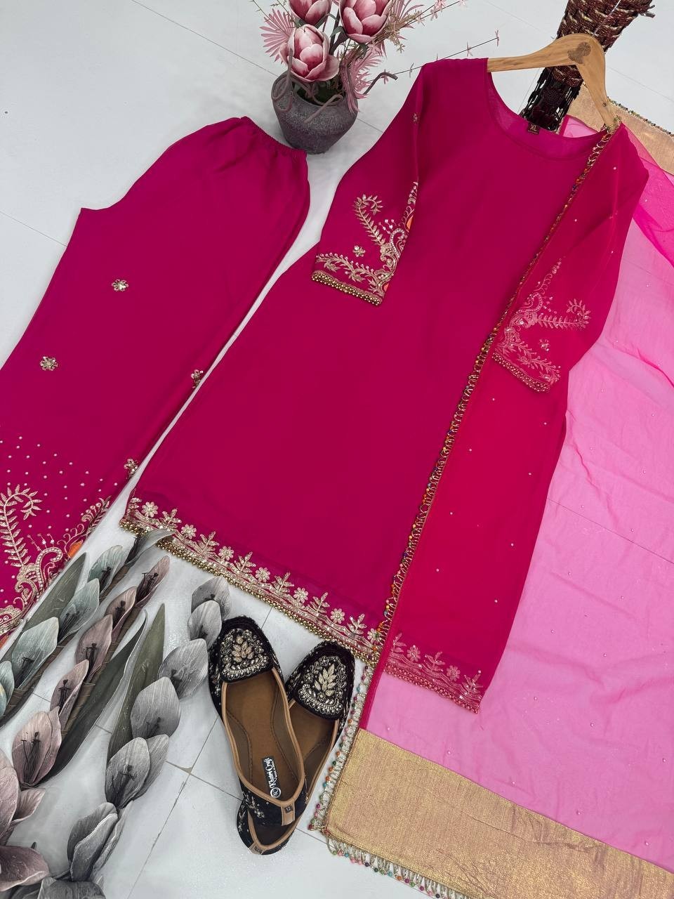 Beautiful Pink Heavy Faux Georgette Salwar Kameez With Dupatta For Party Wear